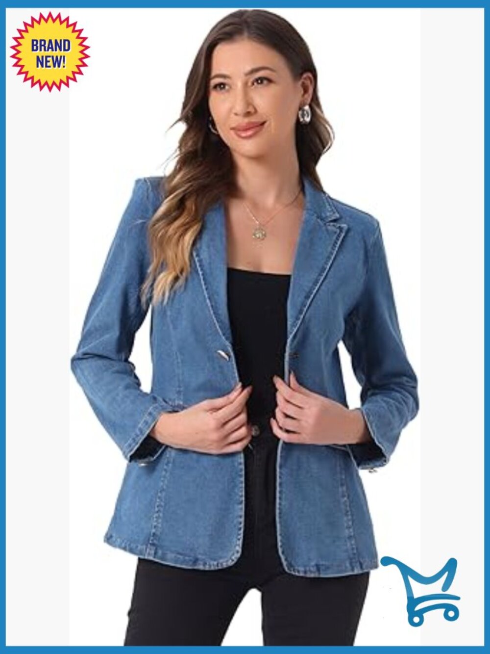 Notched Lapel Denim Blazer Women Long Sleeve Shoulder Pads Casual Work Jacket